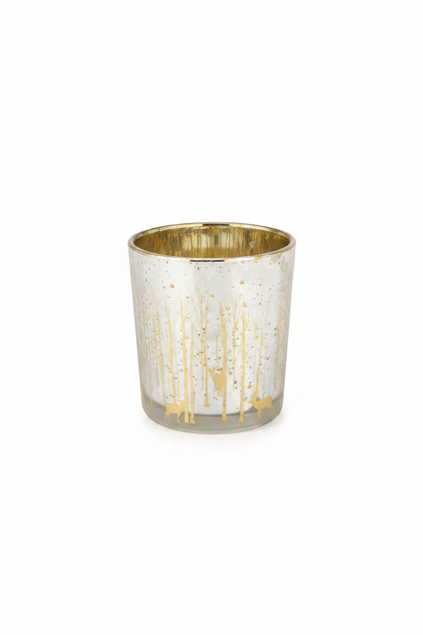 Votive Candle Holder-Silver Forest and Reindeer Pattern-3"