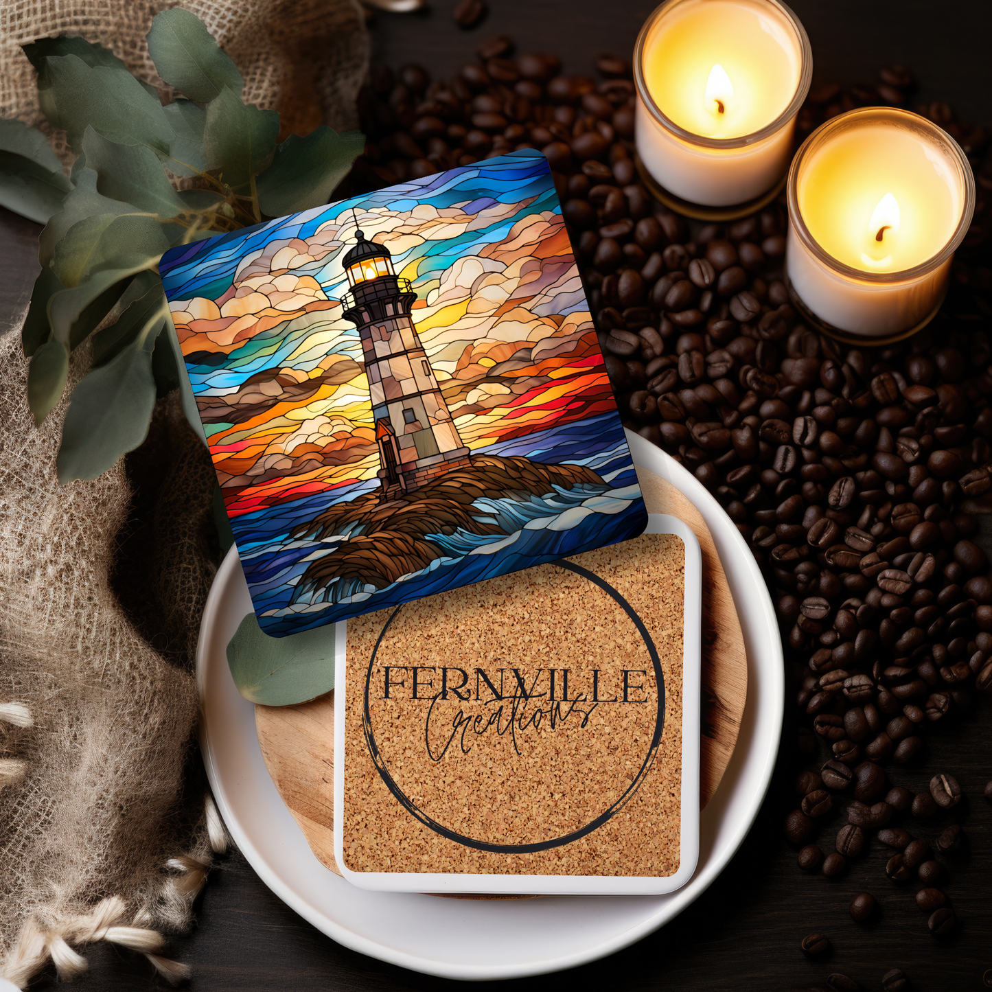 Lighthouse Coaster, Stained Glass Image, SET OF 4