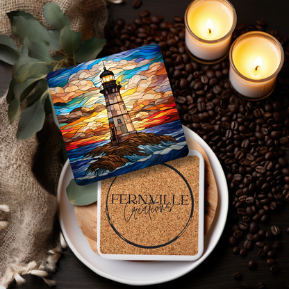 Lighthouse Coaster, Stained Glass Image, SET OF 4