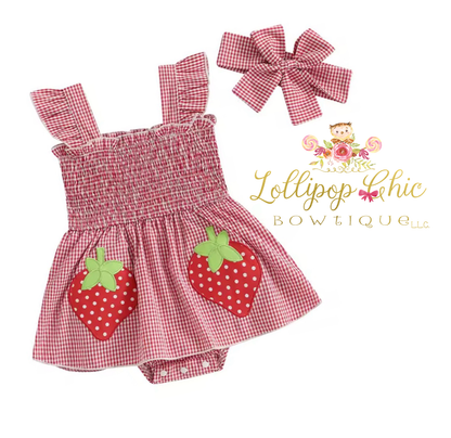 Baby Girl Plaid Romper Strawberry Smocked Jumper