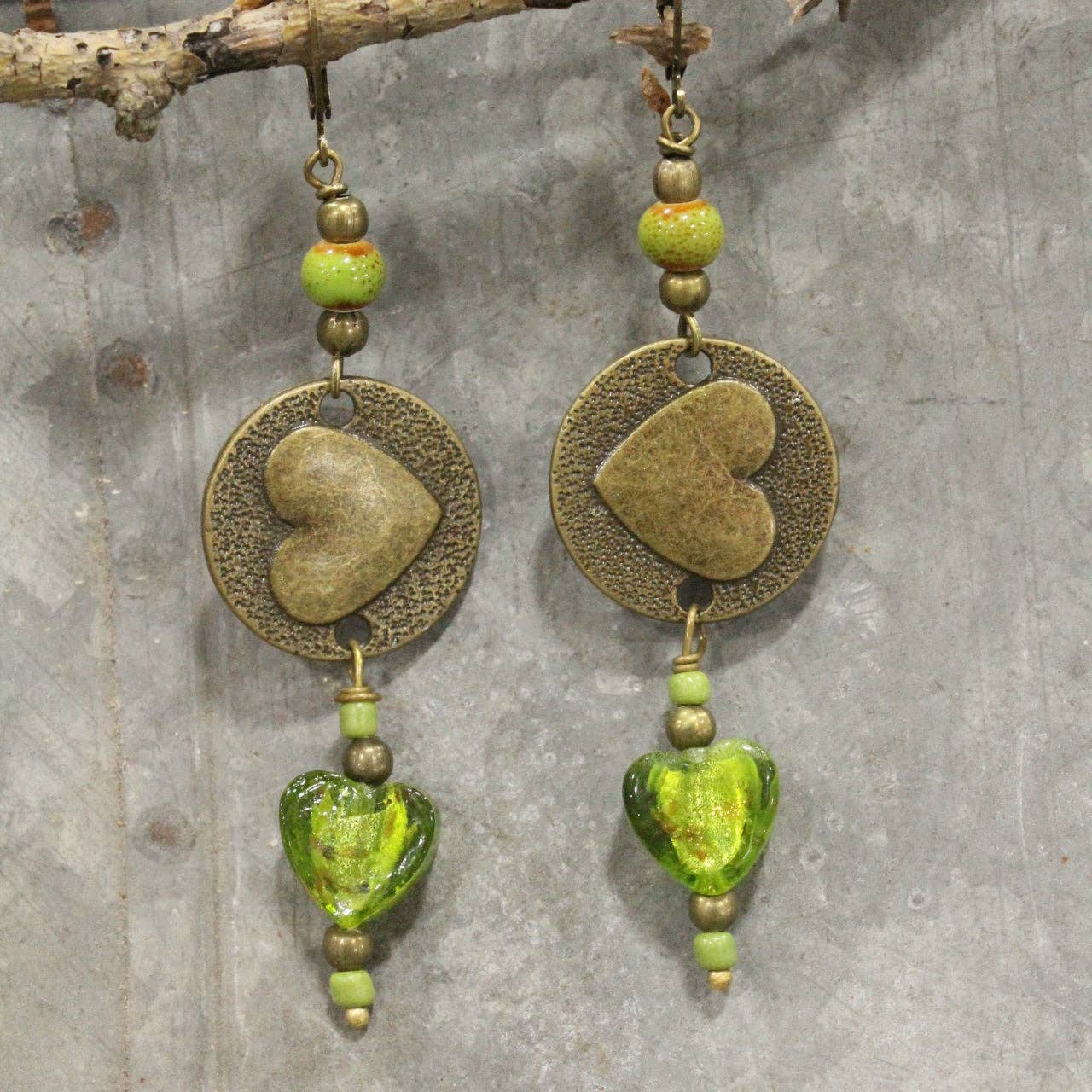 Dropping Hearts & Vintage Green Glass Earrings