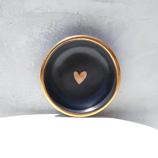 Black Heart Ring Dish Handmade Pottery with Gold