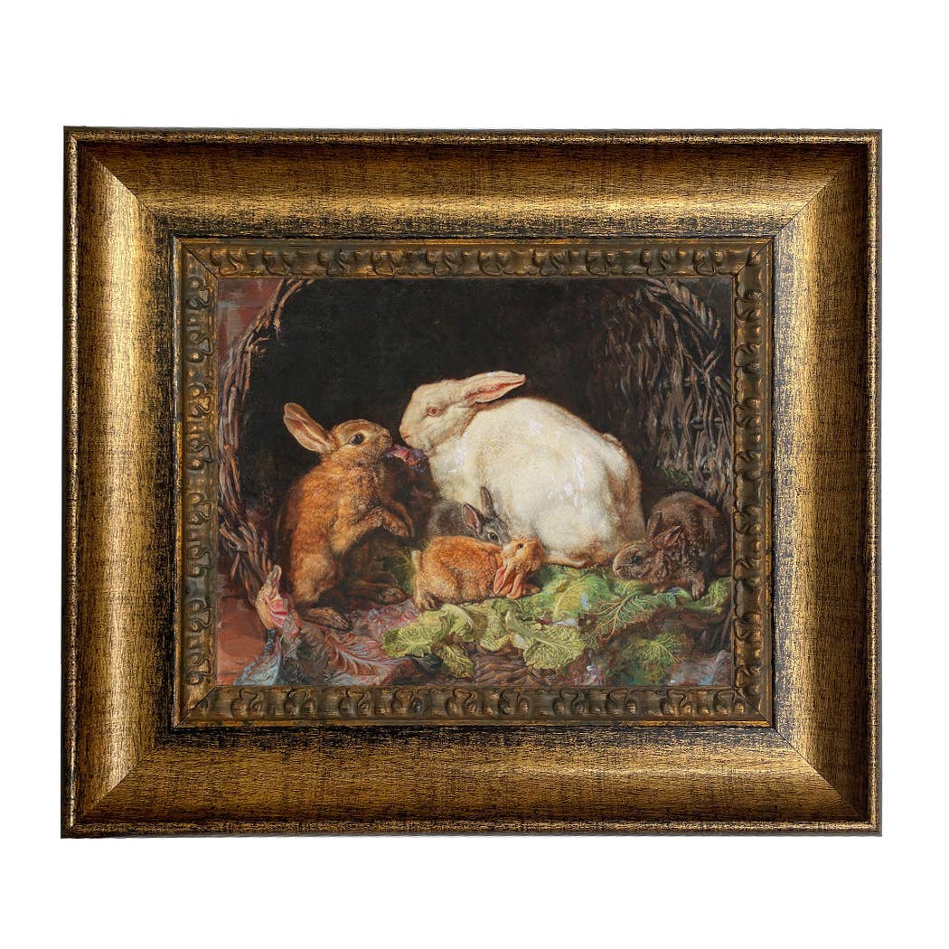 Hares and Young Framed Painting Print on Canvas