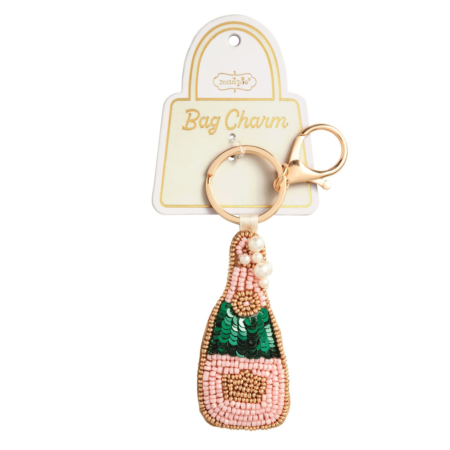 Champagne Bottle Beaded Bag Charm, A hand-beaded champagne bottle bag charm in pink and gold beads with pearl bubbles, hanging from a gold key ring and lobster clasp on a printed card.