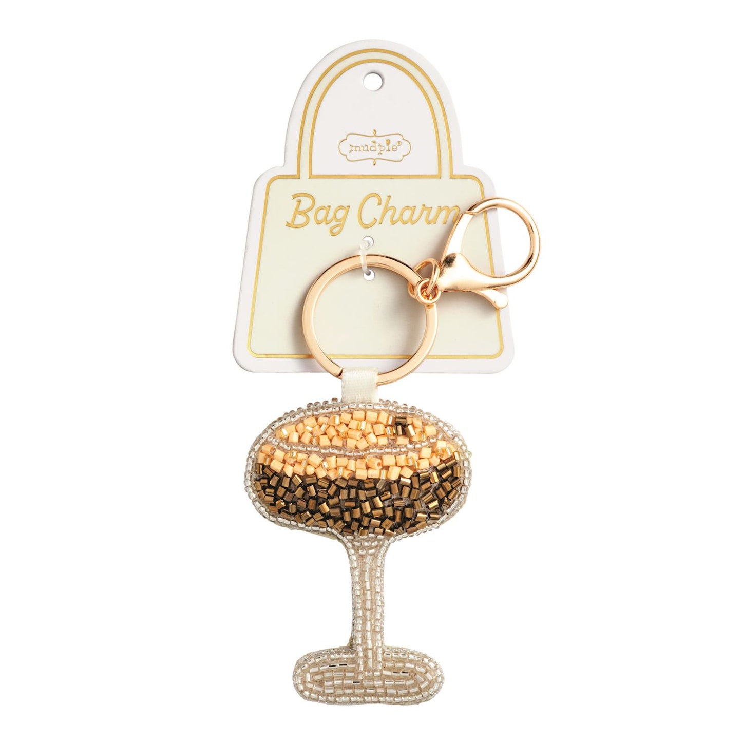 Espresso Beaded Bag Charm, A hand-beaded bag charm shaped like a stemmed coffee glass in bronze, gold and cream beads, on a gold key ring with a lobster clasp.