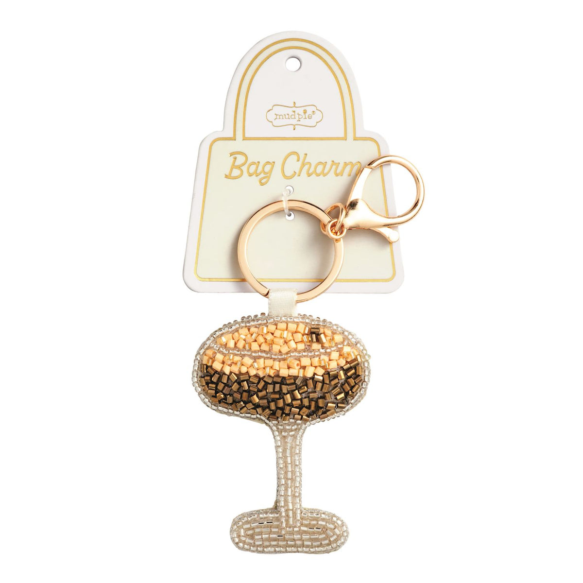 Espresso Beaded Bag Charm, A hand-beaded bag charm shaped like a stemmed coffee glass in bronze, gold and cream beads, on a gold key ring with a lobster clasp.