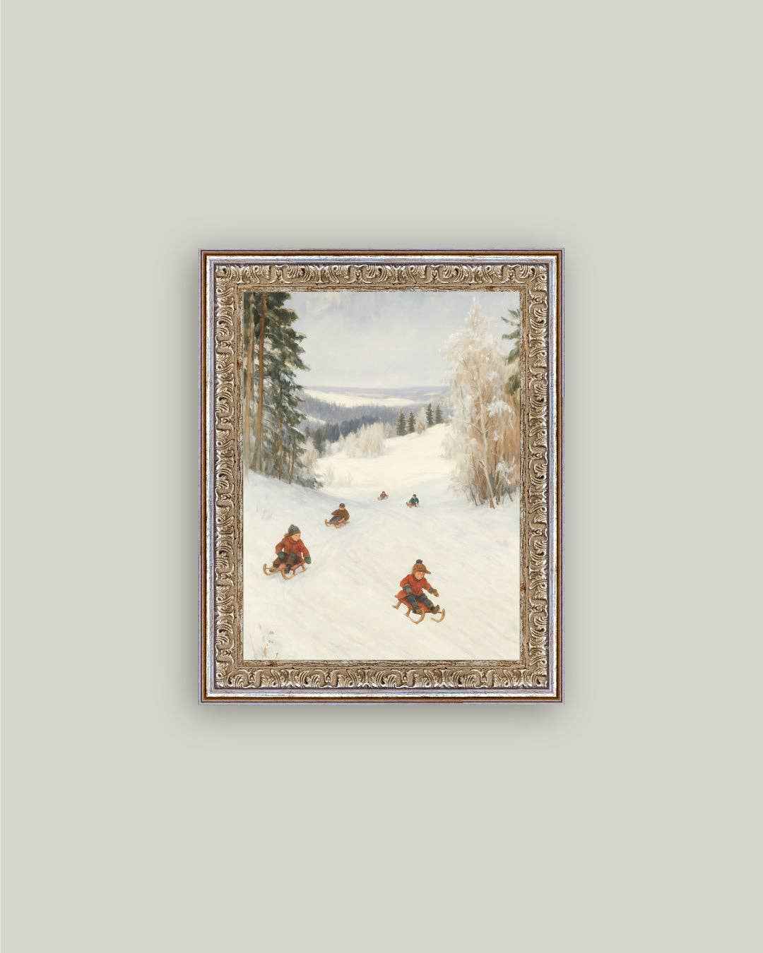 Sledding Hill Framed Antique Art
