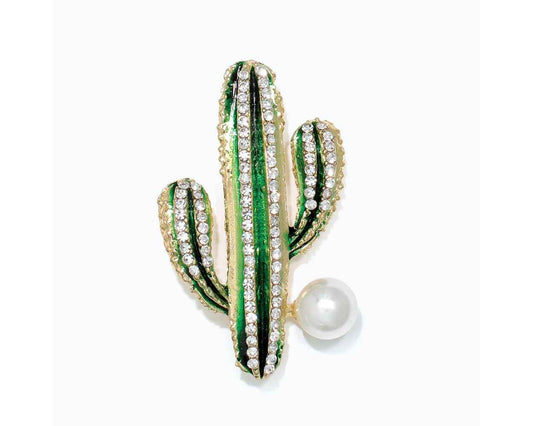 Green Cactus Pin with Crystals and Pearl