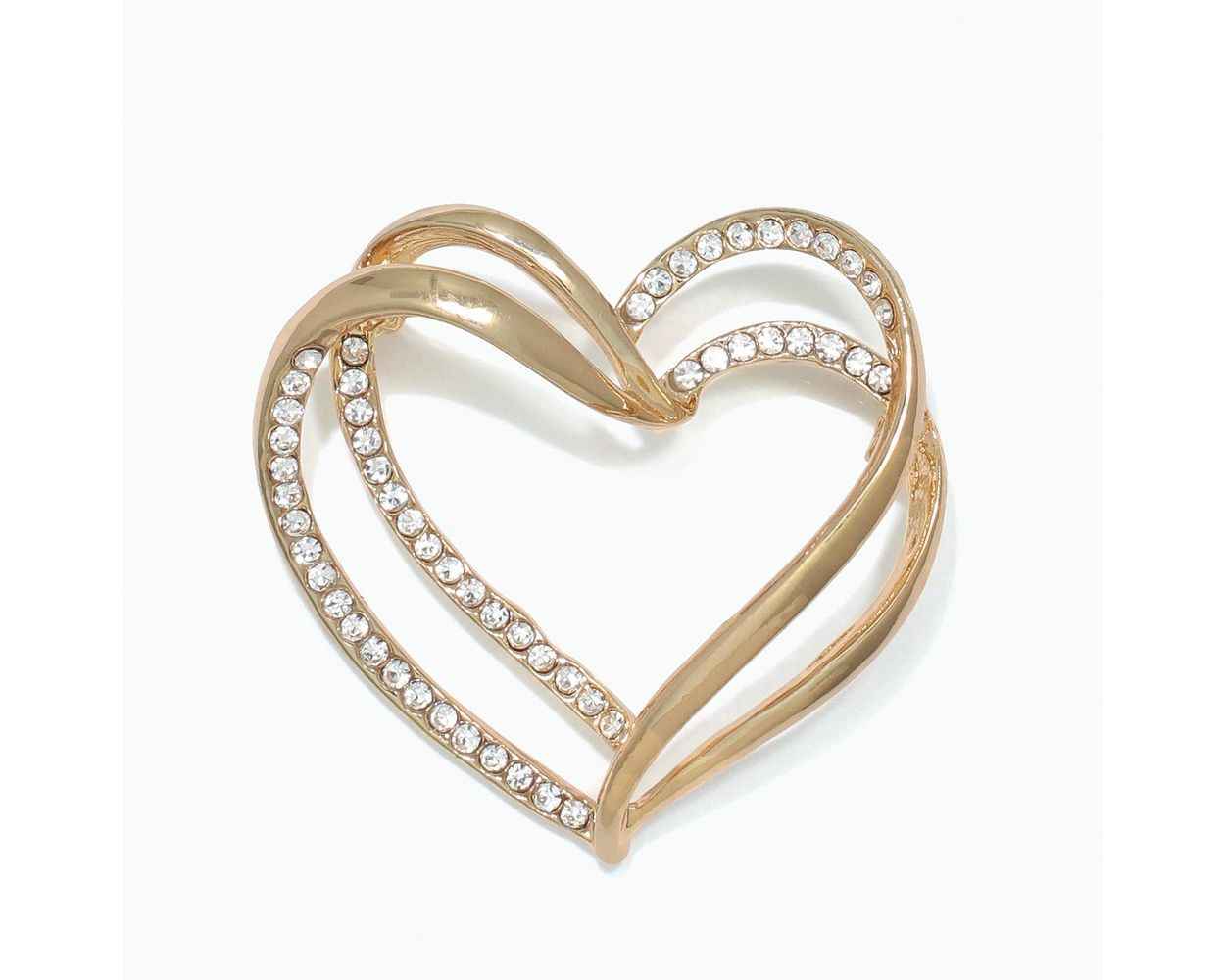 Double-Gold Heart With Crystals Brooch