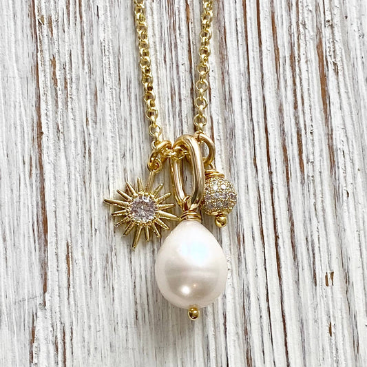 Pearl, sun, micro pave necklace ,trendy