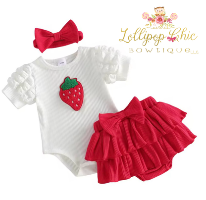 Baby Girl Strawberry Puff Sleeve Bloomer Set: 3-6M