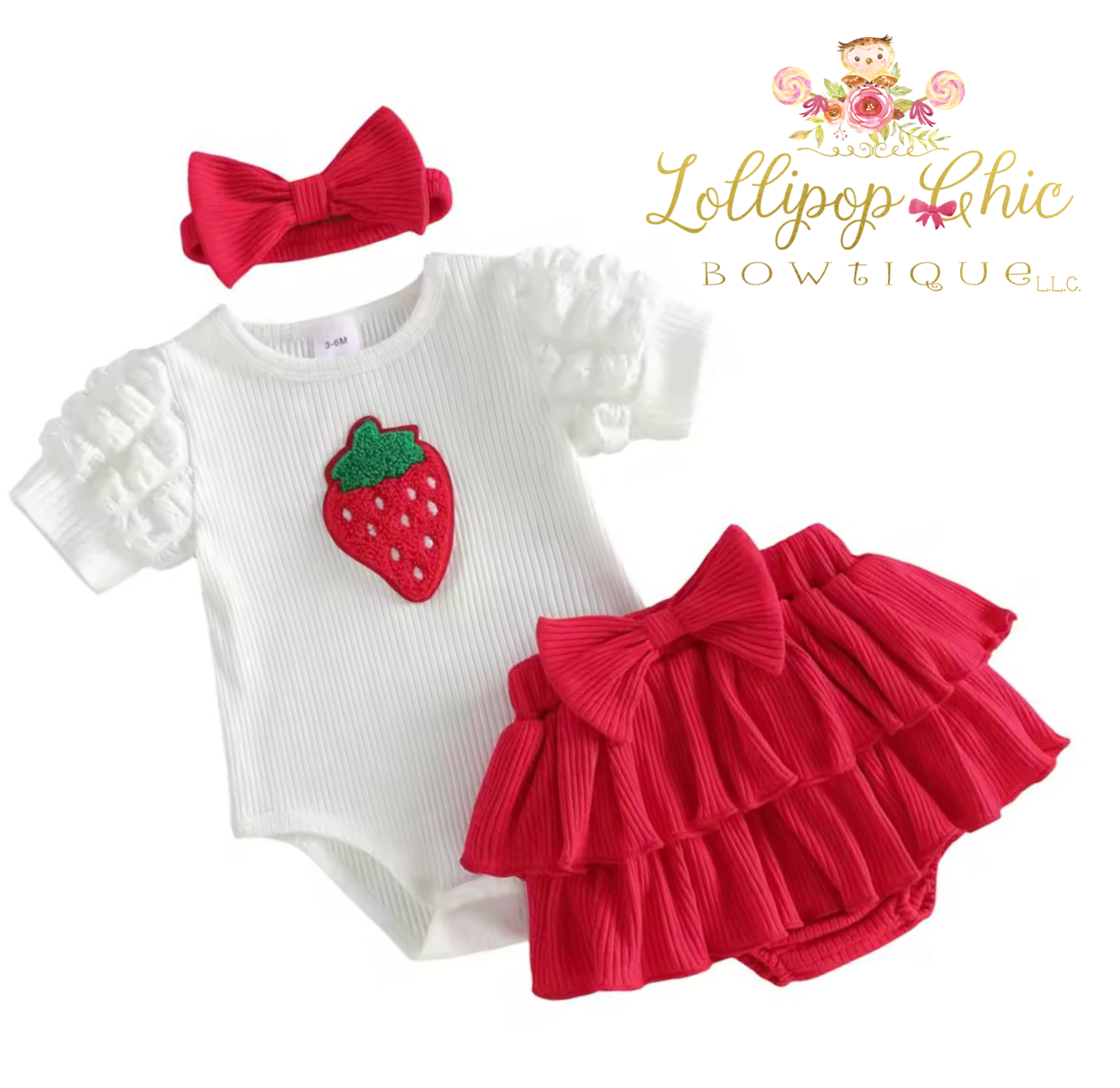 Baby Girl Strawberry Puff Sleeve Bloomer Set: 12-18M