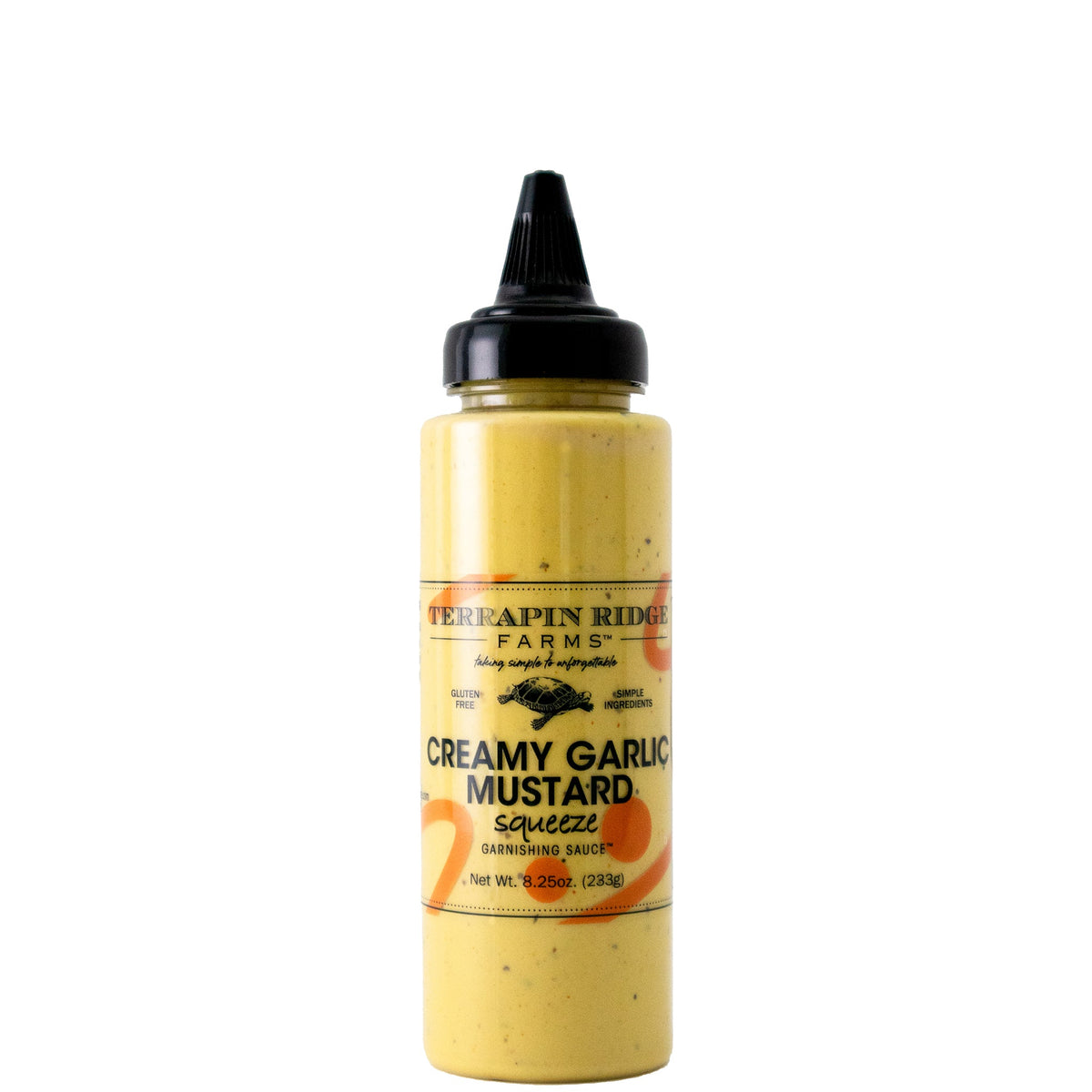 A yellow squeeze bottle with a black pointed cap and a Terrapin Ridge Farms label reading Creamy Garlic Mustard squeeze garnishing sauce, net wt. 8.25 oz.