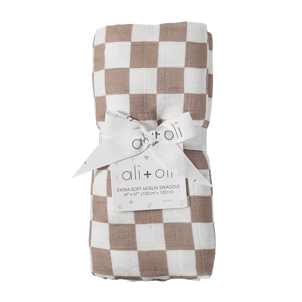 Bamboo Muslin Swaddle Blanket Mocha Checkers