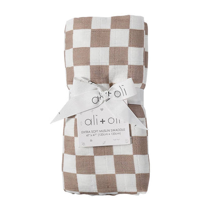 Bamboo Muslin Swaddle Blanket Mocha Checkers