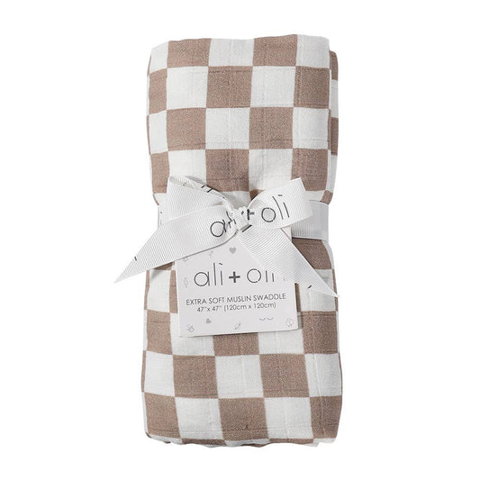 Bamboo Muslin Swaddle Blanket Mocha Checkers