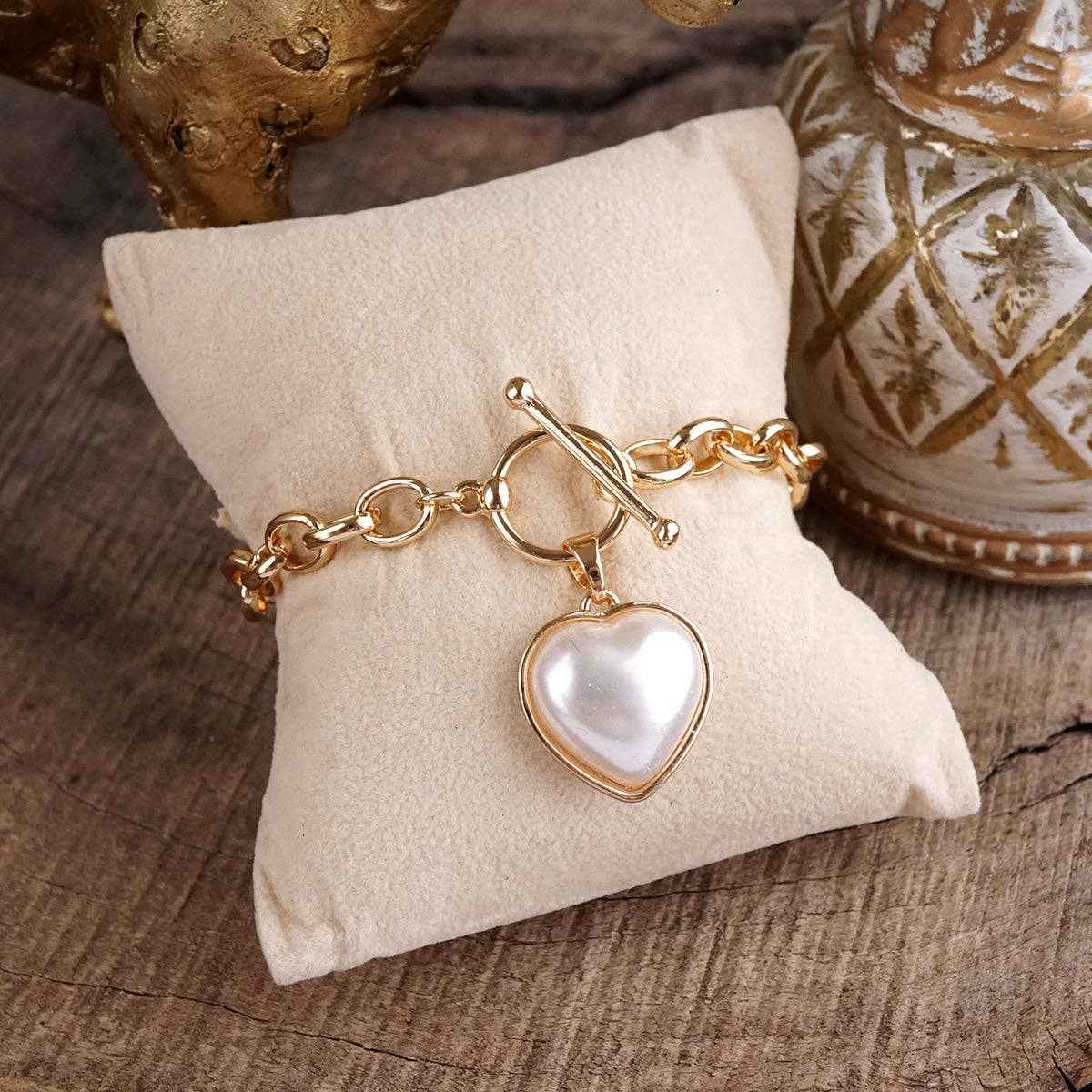 Soft Devotion – Pearlized Puffy Heart Toggle Chain Bracelet in Gold