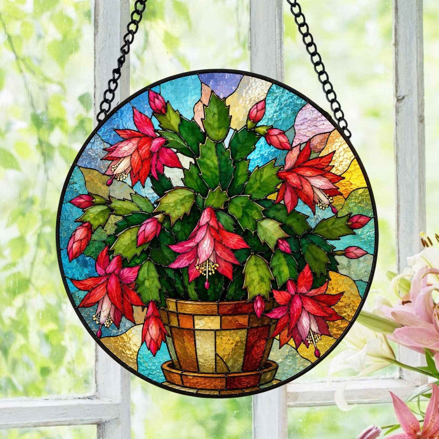 Christmas Cactus Stained Glass Suncatcher, Blooming Plant