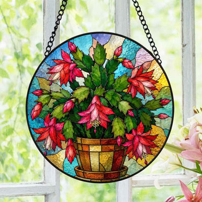 Christmas Cactus Stained Glass Suncatcher, Blooming Plant
