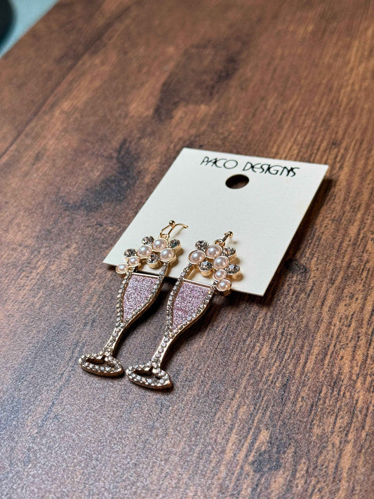 Glitzy Pink Champagne Flute Earrings with Pearls