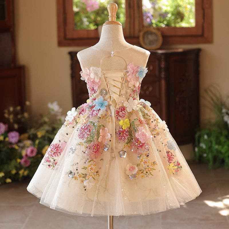 Girls Floral Tulle Princess Dress with Illusion Neckline: Multicolor / Printed / 5-6 Years (130cm)