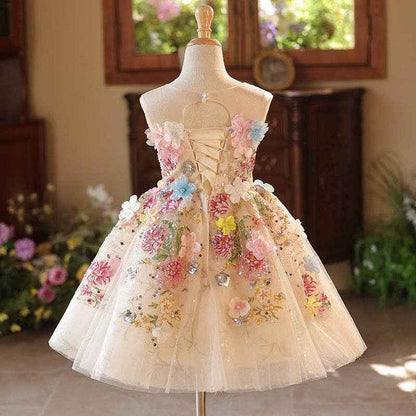 Girls Floral Tulle Princess Dress with Illusion Neckline: Multicolor / Printed / 5-6 Years (130cm)
