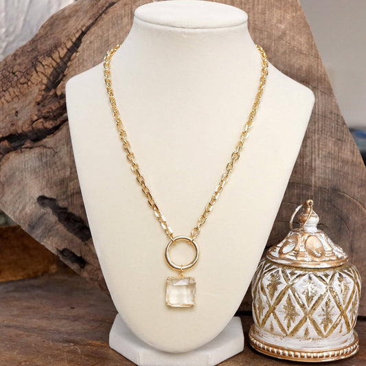 PennyLine inc - Clear Square Crystal Pendant Chain Necklace in Gold Tone