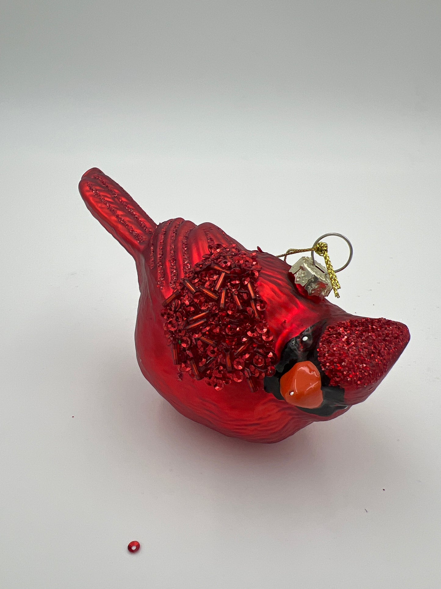 3" Red Glittered & Beaded Blown Glass Cardinal Ornament