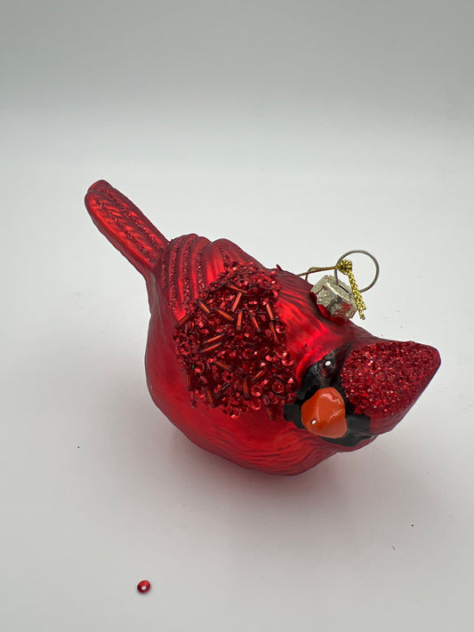 3" Red Glittered & Beaded Blown Glass Cardinal Ornament