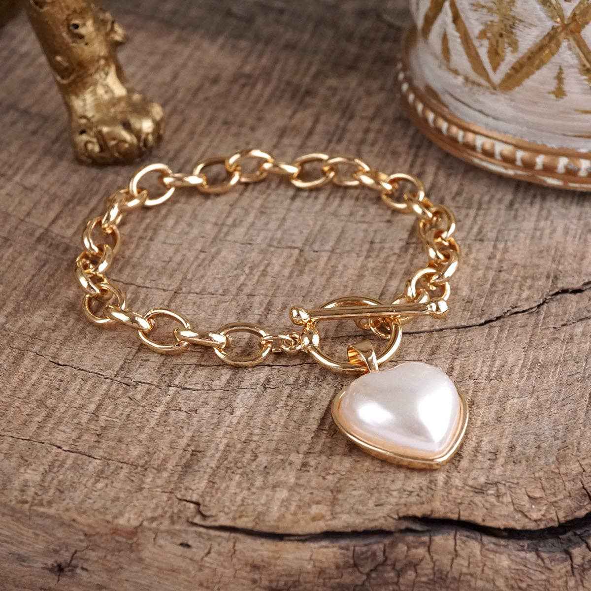 Soft Devotion – Pearlized Puffy Heart Toggle Chain Bracelet in Gold