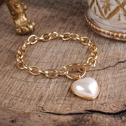 Soft Devotion – Pearlized Puffy Heart Toggle Chain Bracelet in Gold