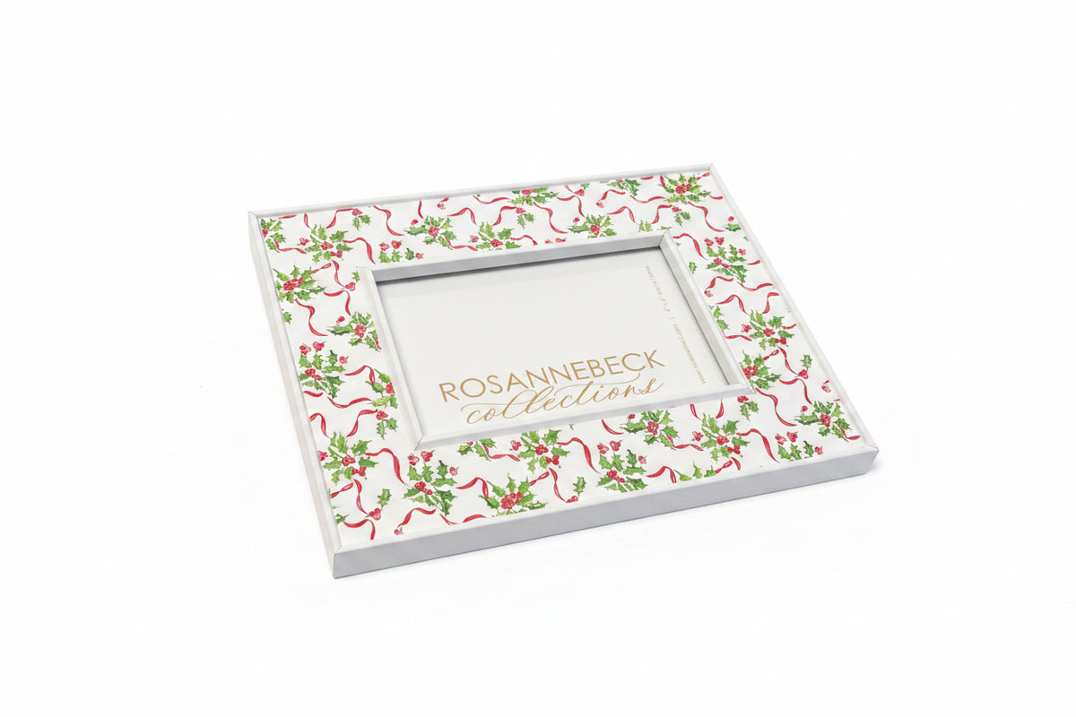 White Hand Painted Holly & Berries 4"x6" Frame