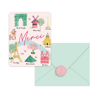 Tarjetas de notas de estudio de lugares de interés de París con sellos de lacre a juego