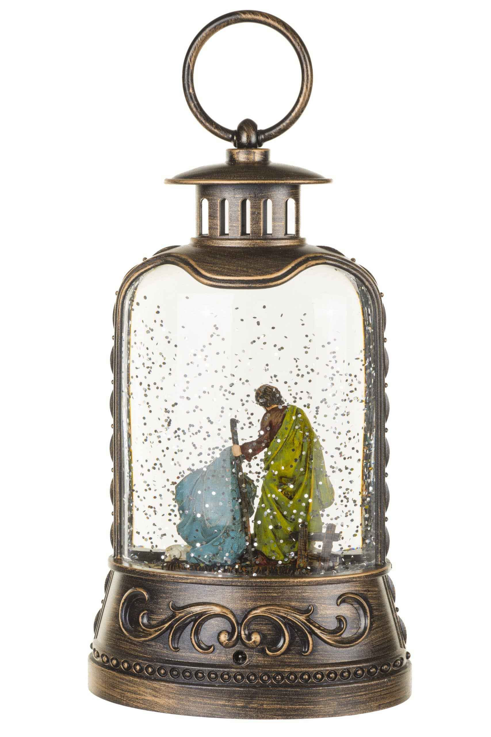 NEW-Antique Brown Lantern Snow Globe with Nativity Scene