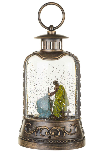 NEW-Antique Brown Lantern Snow Globe with Nativity Scene