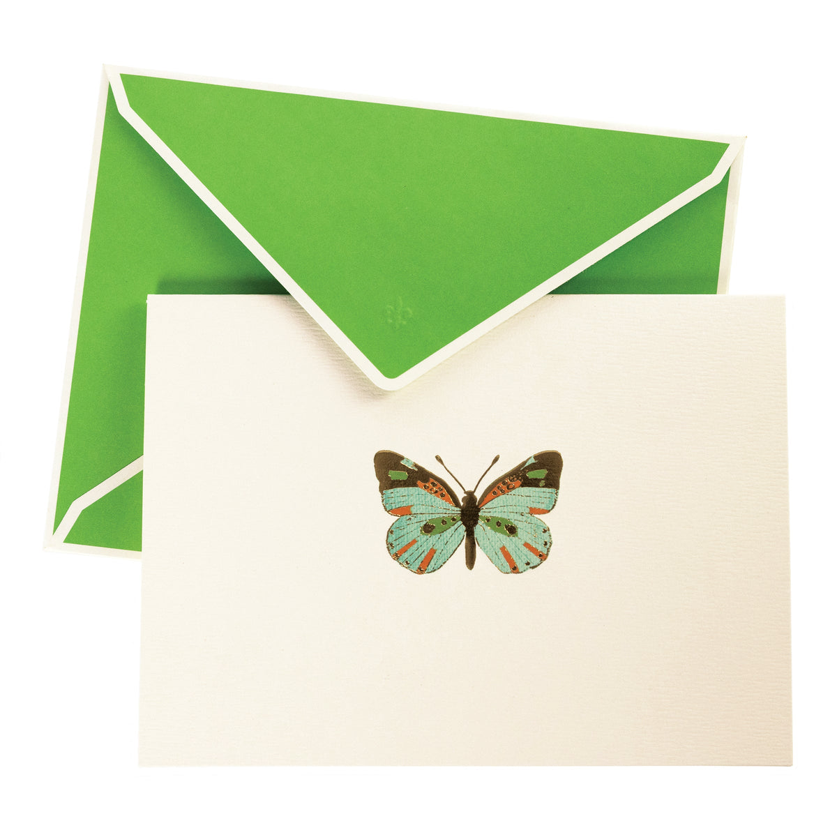 La Petite Presse Butterfly Boxed Correspondence Notes, A cream notecard with a colorful teal, orange, and brown foil butterfly, paired with a bright green lined envelope in an open teal gift box.