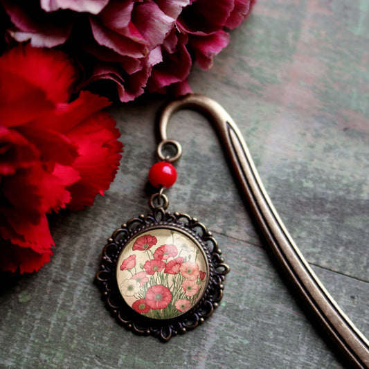 Pink and Red Poppies Cottage core Bronze and Glass Bookmark
