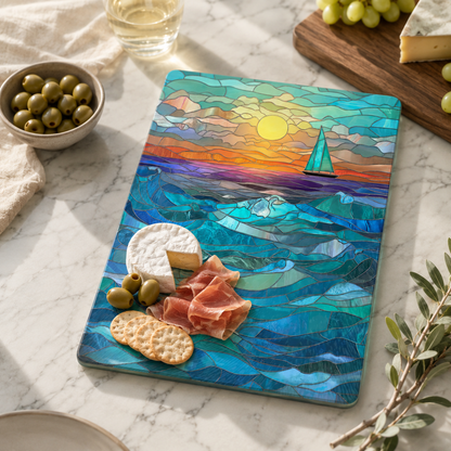 Sailboat Sunset Tempered Glass Cutting Board: 8x11 inch