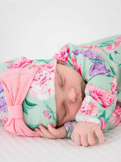 SoftSnooze™ Baby Girls Bamboo Viscose Sage Garden Ruffle Knotted Sleep Gown & Bow Hat Set: Green / Newborn-3m