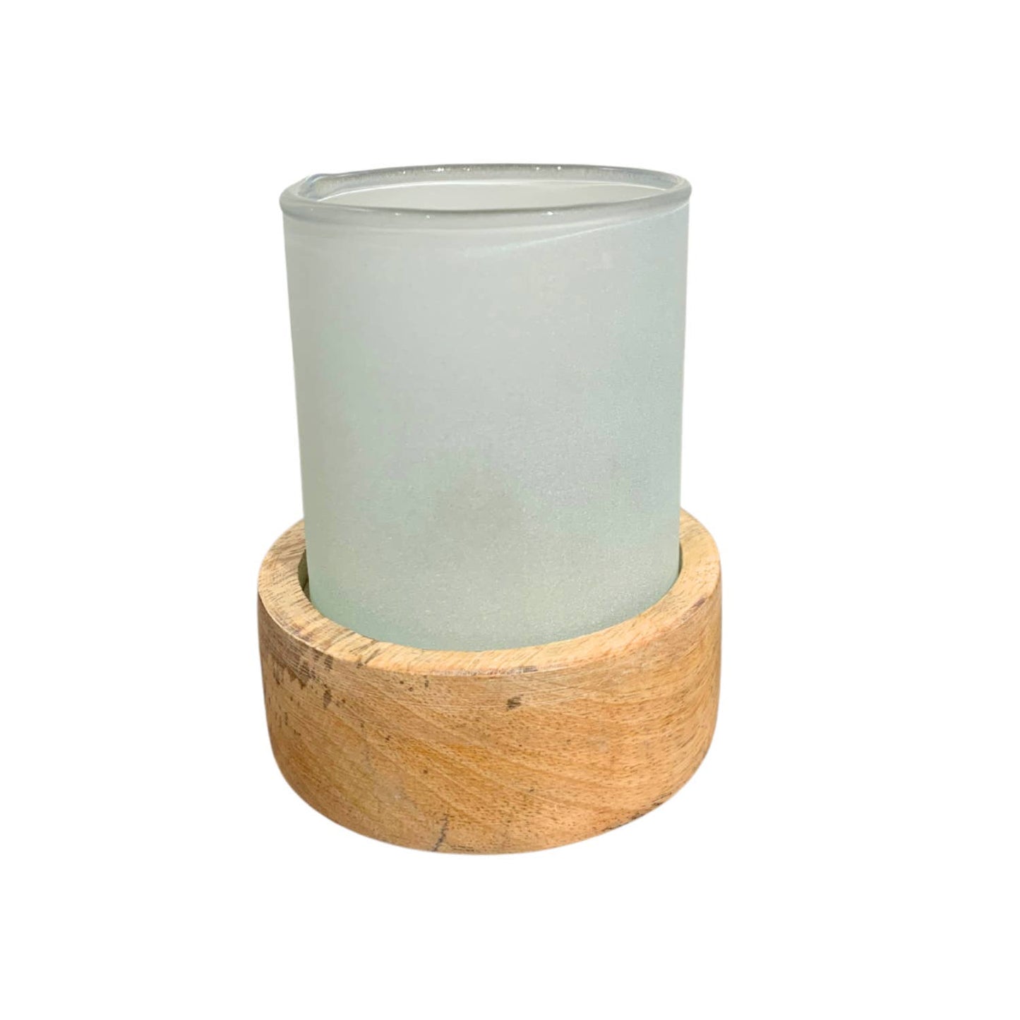 MODERN FROSTED GLASS CANDLE HOLDER W/ WOODEN BASE 4.5" H X 3