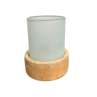 MODERN FROSTED GLASS CANDLE HOLDER W/ WOODEN BASE 4.5" H X 3