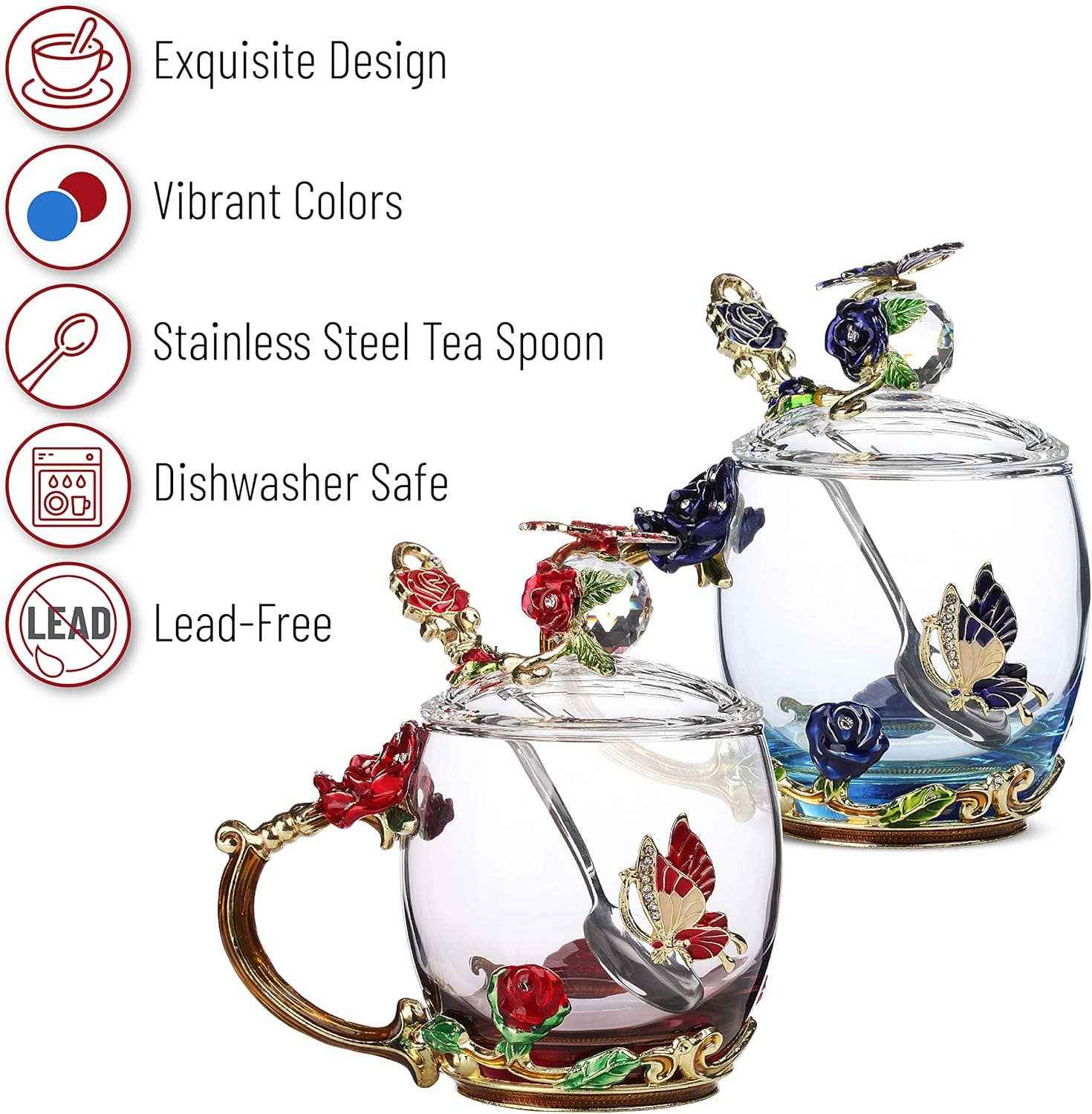 Floral Glass Tea Cups with Lids – Set of 2
