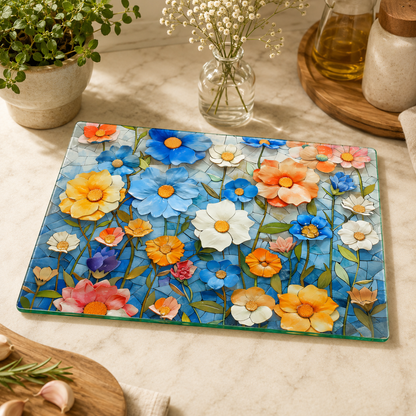 Mosaic Floral Glass Cutting Board & Serving Tray: 11x15 inch