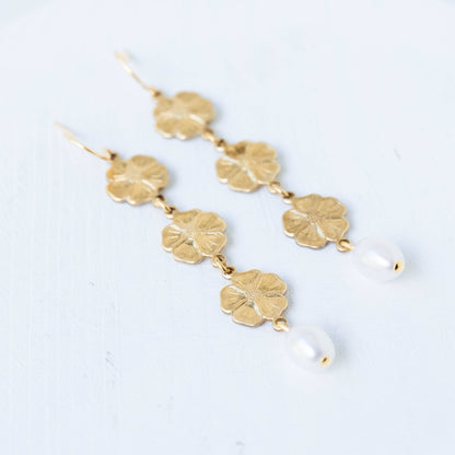 Pearl and three flowers dangle earrings