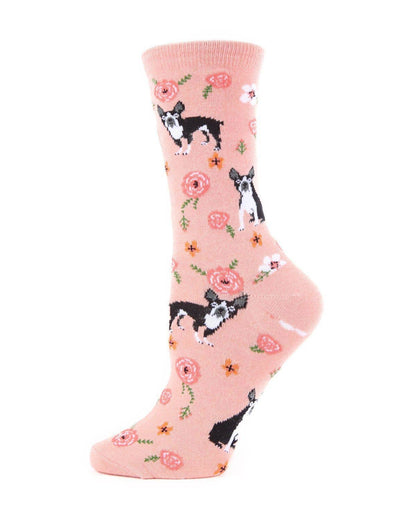 MeMoi French Bulldog and Roses Bamboo Crew Novelty Socks