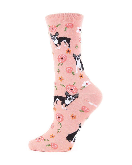 MeMoi French Bulldog and Roses Bamboo Crew Novelty Socks