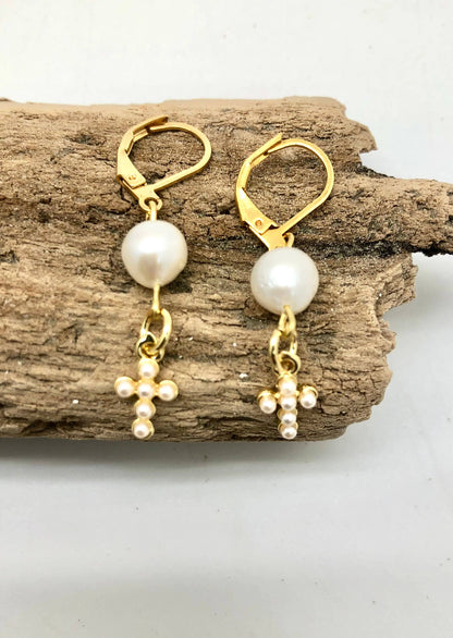 Earring Freshwater Pearl w/Glass Pearl Cross Drop FrenchHook