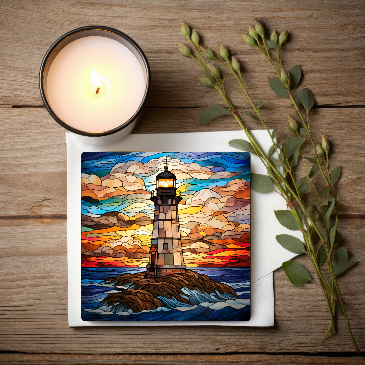 Lighthouse Coaster, Stained Glass Image, SET OF 4