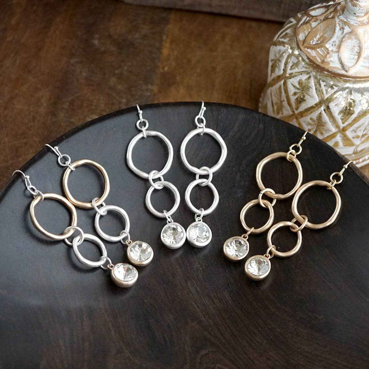 Moonlit Circles – Crystal Drop Link Earrings: Two Tone