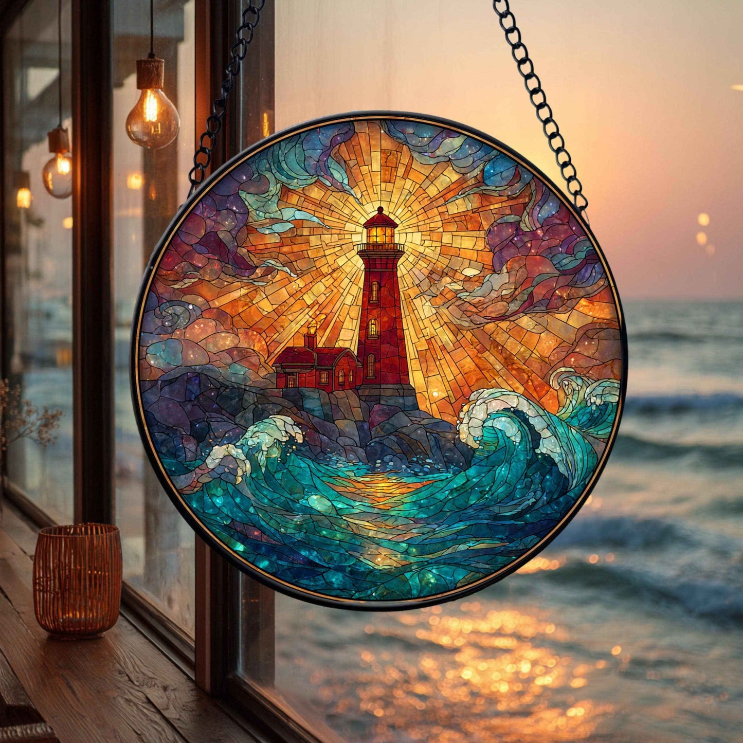 Lighthouse Stained Glass Suncatcher, Coastal Ocean Decor